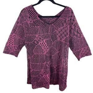 C.O.C. Women's Pink Black Open Knit Crochet 3/4 Sleeve Top